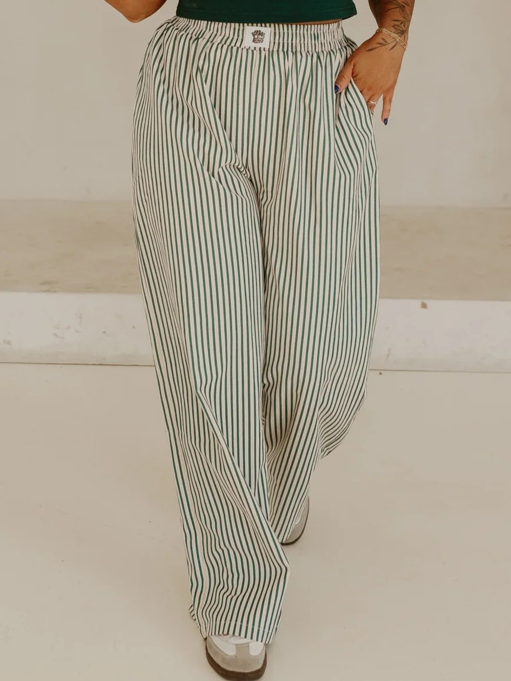 Bourbon & Belles Wide Leg Striped Lounge Pants - Green/White